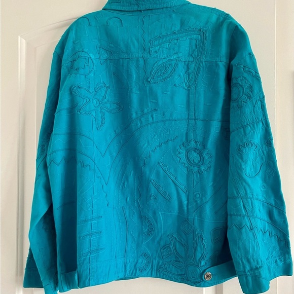 CHICO’S Women’s Teal Jacquard Button Up Long Sleeve 100% Cot Shirt Jacket-Size 2 - Picture 2 of 5
